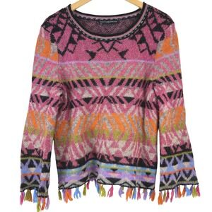 Peruvian Connection Baby Alpaca Wool Blend Geometric Tassel Sweater Size S